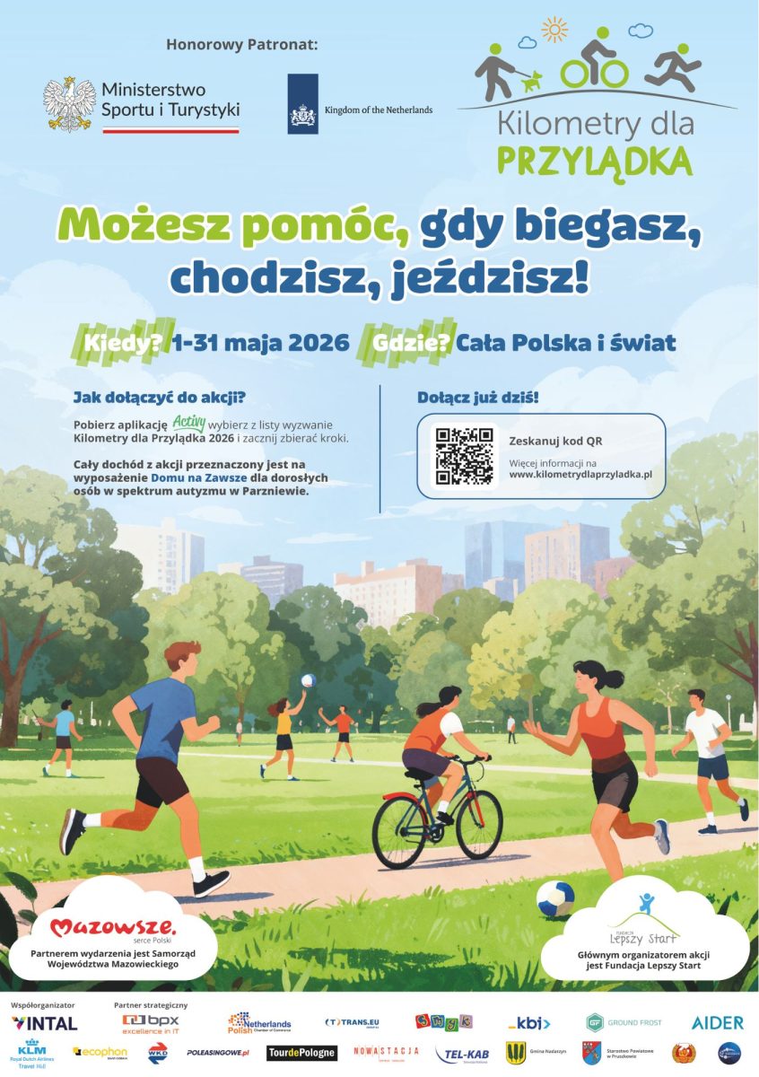 Plakat wyzwania charytatywnego "Kilometry dla Przylądka 2026", które odbywa się od 1 do 31 maja na terenie całej Polski i świata. Hasło przewodnie imprezy to "Możesz pomóc, gdy biegasz, chodzisz, jeździsz!". Organizatorem akcji jest Fundacja Lepszy Start. 